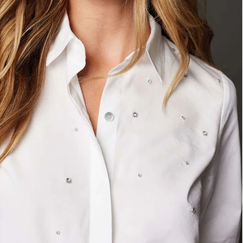 J. Jill Classic White Button Down Shirt with Rhinestone Embellishments